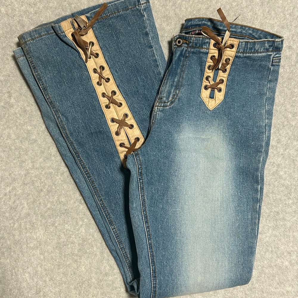 Vintage Y2K One Tuff Babe Junior Ladies Size 9/10 Lace Up Flare Jeans